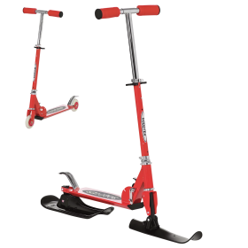 Snow Scooter, 2 in 1 Design Adjustable Height Scooter Snow Sled for Kids Aged Over 7 Years Old, Kids Sled Ski Scooter with Wheels Blades, Red